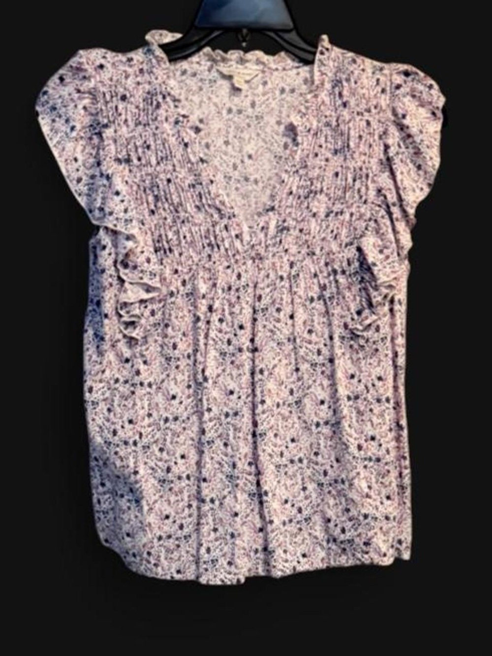 Lucky Brand White & Lavender Floral Smocked V-Neck Ruffle Blouse